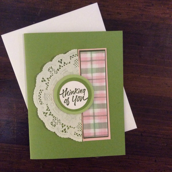 Thinking of You handmade greeting blank inside plaid green pink doily layered hand stamped