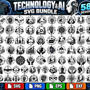 May include: A digital collection of 58 black and white circular graphic designs featuring technology and AI themes, including robots, circuit patterns, human-robot interactions, and data symbols, labelled Technology & AI SVG Bundle.