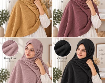 Mustard, Mauve, Dusty Pink, Charcoal, Charcoal Dot | Crinkle Cotton Hijab – Lightweight & Breathable | Full Coverage | 85 × 180 cm