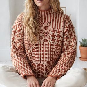 May include: A long-sleeve sweater featuring a high neck and a patchwork-style knit pattern in rust orange and cream. The design incorporates various geometric motifs, including houndstooth, stripes, and checkered squares across the entire garment.