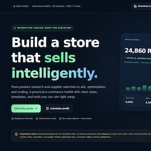 Könnte beinhalten: Eine dunkel gestaltete digitale Benutzeroberfläche für die DropScale Academy mit einem seitlichen Navigationsmenü, einem zentralen Dashboard mit dem Text Build a store that sells intelligently und einer Datenkarte mit 24.860 RON Umsatz.