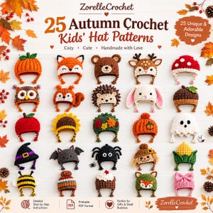 Op de afbeelding: Een digitale patrooncollectie getiteld 25 Autumn Crochet Kids' Hat Patterns van ZorelleCrochet, met vijfentwintig verschillende gehaakte mutsontwerpen, waaronder dieren, pompoenen, paddenstoelen en seizoensgebonden thema's met gevlochten koorden.
