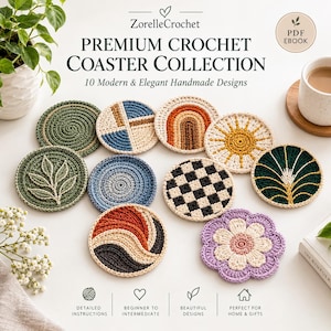 Op de afbeelding: Een collectie van tien ronde gehaakte onderzetters met diverse patronen, waaronder een groen blad, een regenboog, een zon, een dambordpatroon en een bloem. De tekst luidt ZorelleCrochet Premium Crochet Coaster Collection 10 Modern & Elegant Handmade Designs.