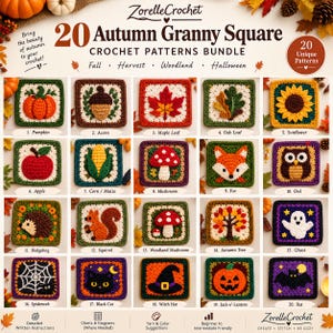 Può includere: Una collezione digitale di 20 schemi per uncinetto Granny Square autunnali di ZorelleCrochet. L'immagine mostra una griglia di 20 disegni quadrati all'uncinetto con motivi stagionali come zucche, foglie, animali del bosco e icone.