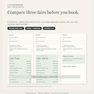 Kit de decisión para ferias de artesanía: compara 3 ferias antes de reservar, planificador de ganancias, efectivo y horarios, herramienta HTML sin conexión para creadores.