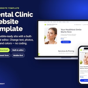 May include: A digital HTML website template for a dental clinic displayed on a laptop and a smartphone screen. The interface features the text Clearwater Dental Care, Your Healthiest Smile Starts Here, and Services & Pricing on a blue background.