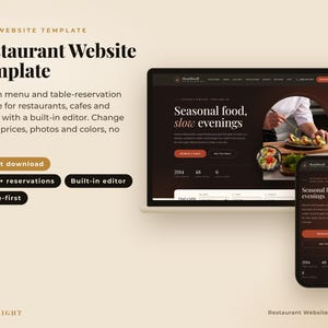 May include: An HTML website template for restaurants featuring a dark-themed layout with the text Restaurant Website Template, Seasonal food, slow evenings, and Reserve a table. The design is displayed on a laptop screen and a smartphone screen.