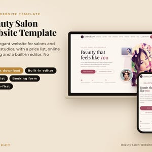 Peut inclure: Un modèle de site web pour salon de beauté affiché sur un écran d'ordinateur portable et un smartphone. L'interface présente le texte Beauty that feels like you, un menu de navigation, des boutons de réservation et une image florale.