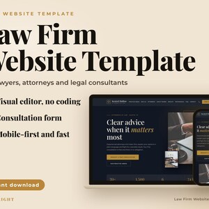 Può includere: Un modello di sito web HTML per studi legali con editor visivo, modulo di consulenza e design mobile. Lo schermo mostra un sito web a tema scuro con il testo Clear advice when it matters most su computer portatile e smartphone.