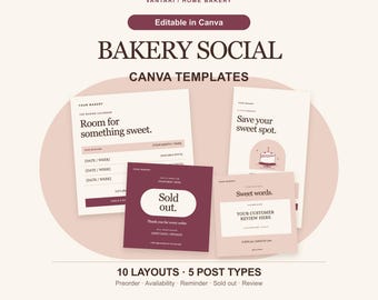Bakery Social Media Canva Templates, 10 Square and Story Layouts
