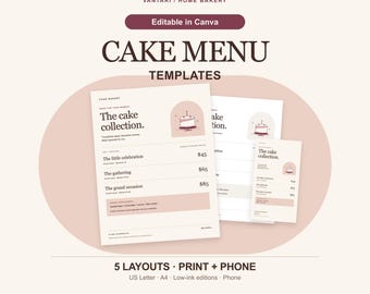 Cake Menu Canva Template, Home Bakery Price List in Print and Phone Sizes