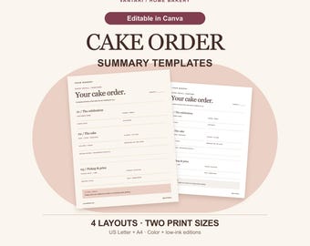Custom Cake Order Form Canva Template, Printable Bakery Order Summary