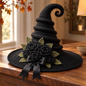 May include: A black crocheted witch hat featuring a tall, spiralled pointed crown and a wide brim. The hat is decorated with a cluster of three crocheted black roses, several crocheted sage green leaves, and a black satin ribbon tied in a bow.