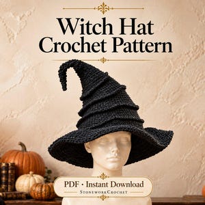 Modèle de chapeau de sorcière en spirale au crochet (PDF + tutoriel vidéo), chapeau d'Halloween à pointe recourbée