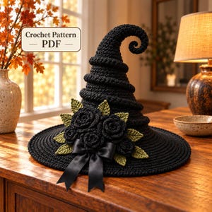 Patrón de ganchillo en PDF para sombrero de bruja, punta en espiral, rosas negras, 3 tamaños.