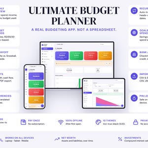 Pode incluir: Interface da aplicação Ultimate Budget Planner exibida num portátil, tablet e smartphone. O ecrã mostra painéis financeiros com cartões de dados coloridos, gráficos e menus de navegação. O texto inclui Monthly Overview, Recurring Bills, Debt Payoff, Goals e Bank Accounts.