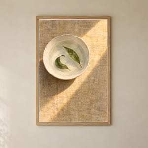 Hand Painted Ceramic Bowl Poster, Green Leaf Pottery Still Life Wall Art, Sunlit Burlap Texture Print, Rustic Kitchen Decor
