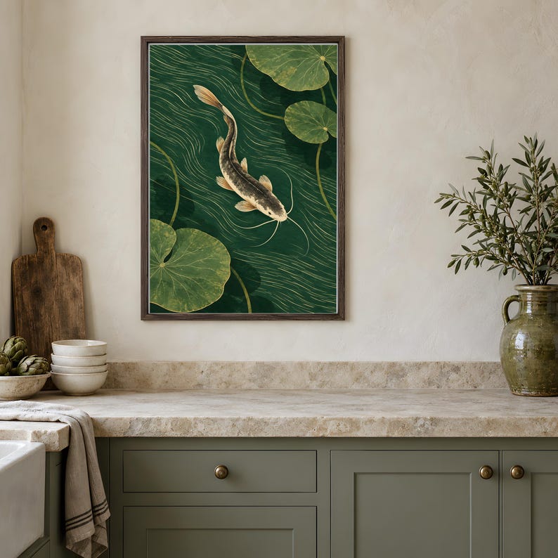 Catfish Pond Poster, Emerald Green Lotus Leaf Wall Art, Golden Water ...