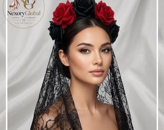 Fascia per capelli con velo a rosa nera, corona di fiori gotica, copricapo per costume di Halloween, velo di pizzo nero, accessorio per capelli a forma di rosa.