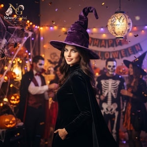 May include: A deep purple velvet witch hat with a tall, pointed, and slightly curved crown, featuring a wide brim. The hat is worn by a person dressed in a black long-sleeved garment, with the NexoryGlobal logo visible in the upper corners.