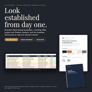 May include: A digital business system kit featuring the text Look established from day one. Includes branded client-facing templates, a CRM, project and finance trackers, a Google Sheets task list, a brand style guide, and a welcome document.