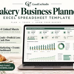 May include: A digital Bakery Business Planner Excel spreadsheet template displayed on a laptop screen. The interface features a dashboard with charts, graphs, and financial metrics including net revenue, expenses, and profit margins for bakery management.