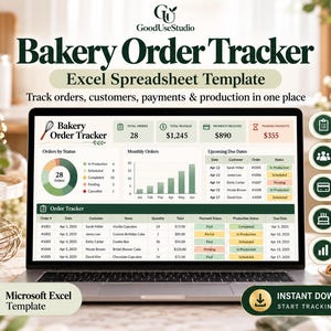 May include: A laptop screen displaying a Bakery Order Tracker Excel spreadsheet template. The dashboard features charts, order status, revenue, and payment data. Text includes GoodUseStudio, Bakery Order Tracker, and Microsoft Excel Template.