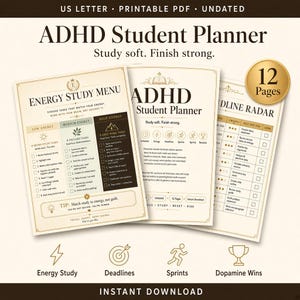 May include: A 12-page ADHD Student Planner printable PDF in US Letter size. The pages feature a cream background with dark brown text, including sections titled Energy Study Menu, ADHD Student Planner, and Deadline Radar with task checklists.