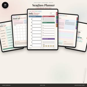 May include: A digital Seaglass Planner for Kindle Scribe with 15 pages, featuring hyperlinked tabs and undated layouts. The interface includes a daily schedule, top priorities, to-do lists, and mood trackers in a soft pastel color palette.