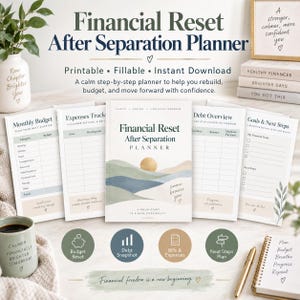May include: A Financial Reset After Separation Planner with multiple open pages showing budget, expense, and debt tracking templates. The cover features a landscape illustration with a sun, hills, and the text Financial Reset After Separation PLANNER.