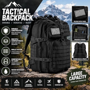 May include: A black tactical backpack featuring multiple zippered compartments, a MOLLE webbing system, adjustable compression straps with buckles, and a rectangular American flag patch on the front. The design includes padded shoulder straps.