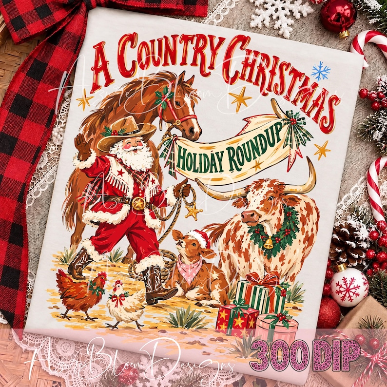 A Country Christmas PNG, Cowboy Santa With Horse, Longhorn Cow and Farm ...