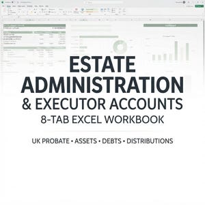 Puede incluir: Un libro de trabajo de Excel de 8 pestañas para la administración de sucesiones y cuentas de albaceas, que incluye un panel y tablas para la legalización, activos, deudas y distribuciones en el Reino Unido, con datos financieros claros.