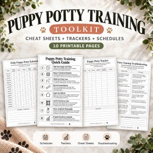 May include: A puppy potty training toolkit featuring 10 printable pages including a quick guide, daily schedule, tracker, and troubleshooting sheet. The documents contain black text on white paper with icons for schedules, trackers, and notes.