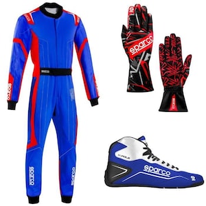 May include: A blue and red racing suit with black cuffs and the Sparco logo, a pair of black and red patterned racing gloves with the Sparco logo, and a blue, white, and black high-top racing shoe with the Sparco logo and K-Pole text.