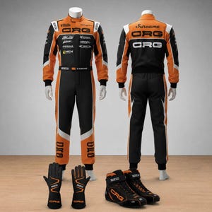 May include: A racing suit shown from front and back views, featuring a black and orange color scheme with white accents and CRG branding. The set includes a pair of black and orange racing gloves and a pair of black and orange racing boots.