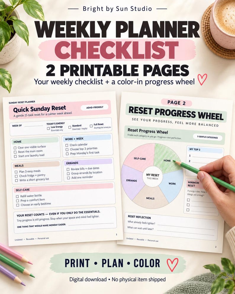 Sunday Reset Planner Printable | ADHD Friendly Weekly Reset Checklist ...