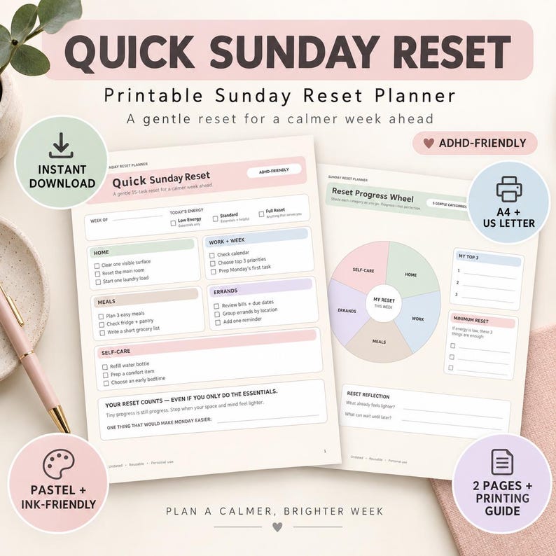 Sunday Reset Planner Printable | ADHD Friendly Weekly Reset Checklist ...