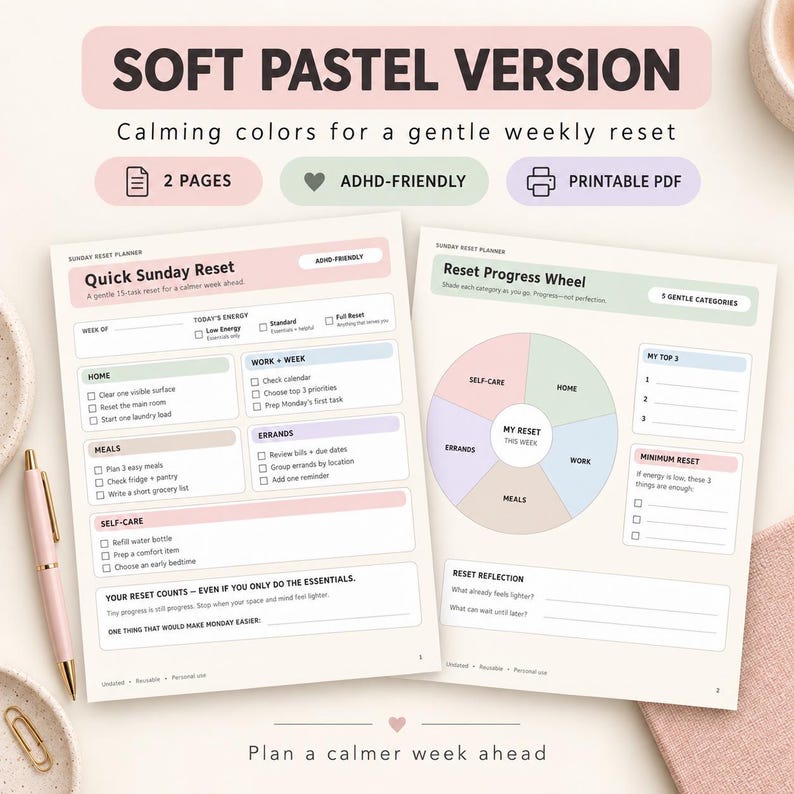 Sunday Reset Planner Printable | ADHD Friendly Weekly Reset Checklist ...