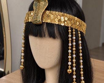 Cleopatra-pruik met gouden cobra-hoofdtooi, zwarte bobpruik met pony van de Egyptische koningin, farao-kroon met kralen, Halloween cosplay kostuumset