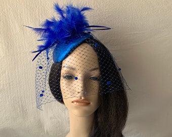 Blue vintage style pillbox hat with veil, feather cocktail fascinator hat for derby races, high tea party, wedding, church, mother of bride