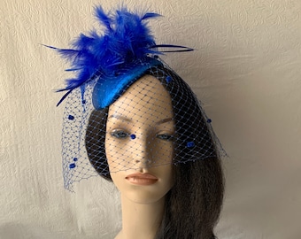 Vintage Blue Feather Bow Felt Women\'s Hat 100% Wool Derby Wedding Church Vintage Blue Feather Bow Felt Women main image 3