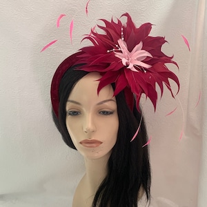 Burgundy flower feather derby fascinator, velvet halo crown padded headband, Mother of the bride, wedding, Tea Party, fascinator wine red