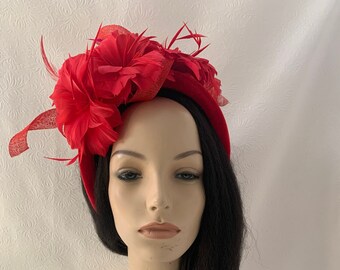 Red feather fascinator headband, Races, Kentucky derby, Mother of the bride, wedding, velvet, Tea Party, church, gift for Fashionista