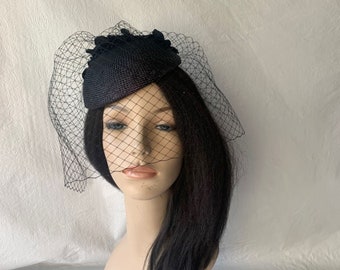 Black Fascinator with Veil, Black Tea Party Hat,  Church Hat, Kentucky Derby Hat,  Fancy Hat, Red Hat,  wedding hat, Funeral mourning hat