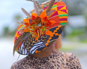 African Kente animal print wide brim fascinator hat for Kentucky Derby, High tea Party, Mother’s Day Brunch, Women’s church hat, Wedding