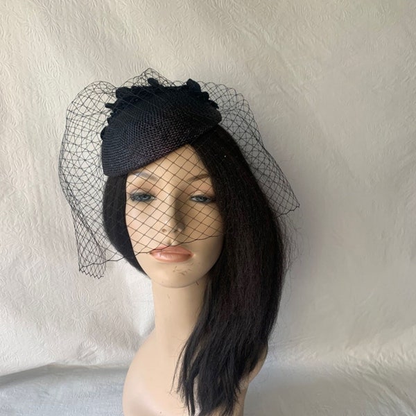 Black Fascinator with Veil, Black Tea Party Hat,  Church Hat, Kentucky Derby Hat,  Fancy Hat, Red Hat,  wedding hat, Funeral mourning hat