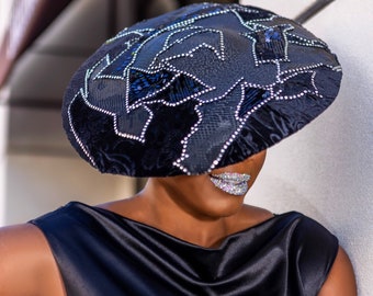 Black wide Brim flat Kentucky Derby fascinator hat for Church, Races, Tea Party, mother of the bride wedding hat, Funeral, Tea Party