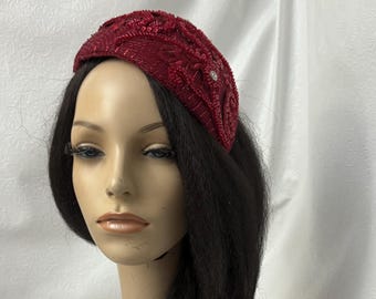 Wine Red 1950s Sequin Beaded Fascinator Hat | Elegant Church half hat, Wedding & Derby Headpiece |