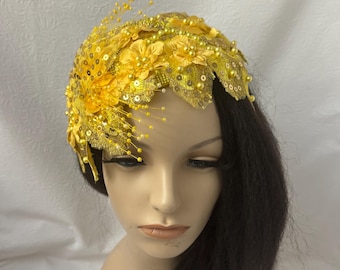 Yellow Church Fascinator Headband - 1960s Juliet cap style 3D Floral Lace & Sequin half hat Wedding Headpiece